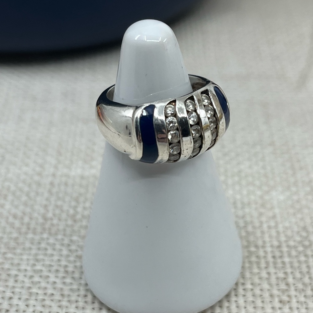Vintage Sterling Silver Wide Band Ring with Enamel & CZ Accents Size 4.75 - Picture 12 of 16